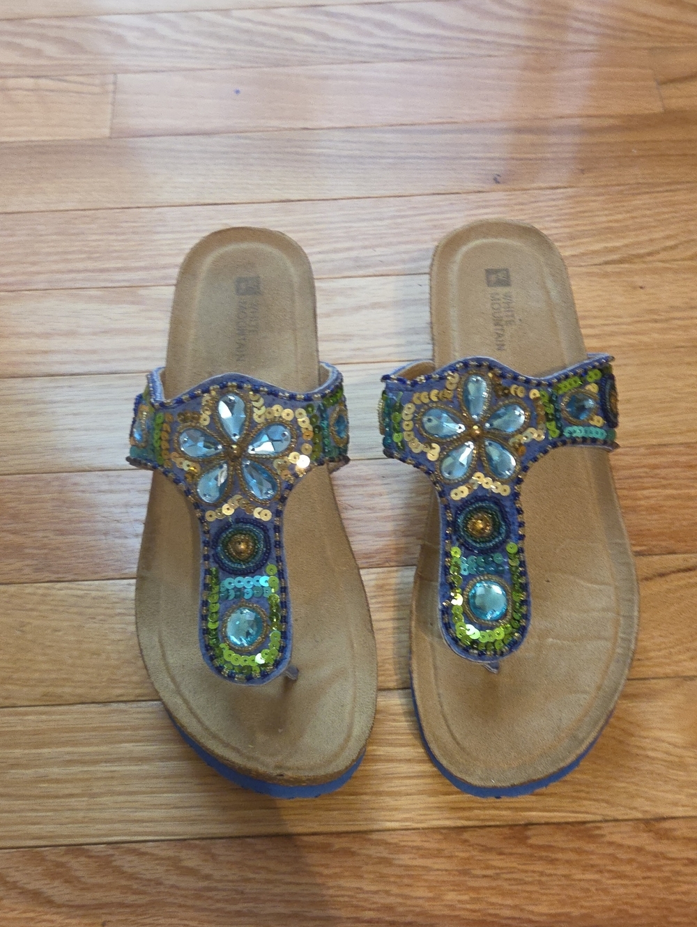 White Mountain Blue and Green Jeweled T‑Strap Sandals